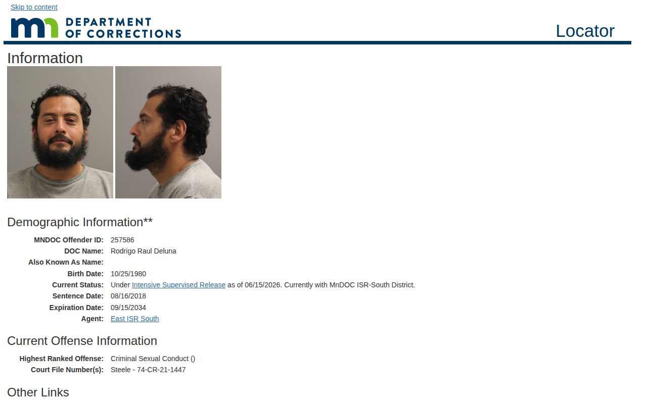 Pennington County post-release supervision example in the Minnesota DOC Public Viewer